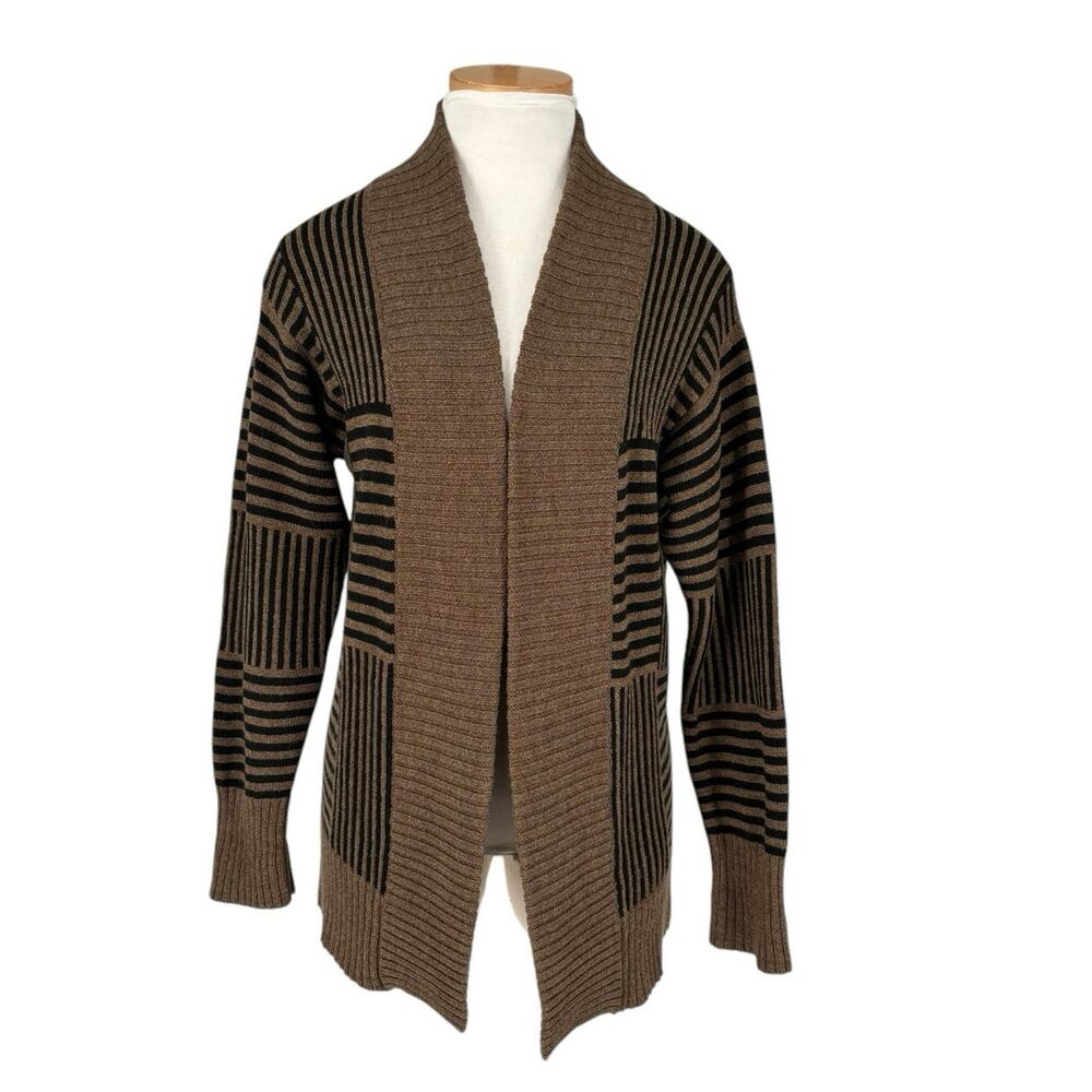 Helen HSU NY Wool Blend Open Cardigan XS Beige Black Geometric Stripe Old Money